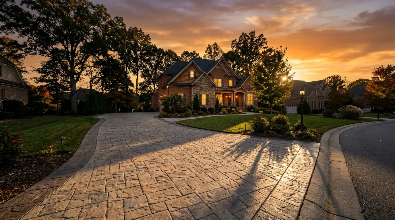 ALB Concrete Solutions Finished concrete driveway at dusk in Raleigh, NC