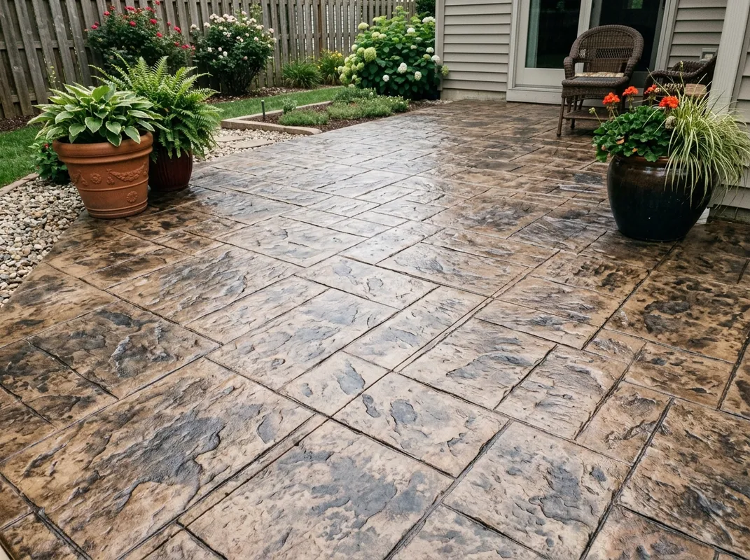 ALB Concrete Solutions Stamped concrete patio with a decorative stone pattern